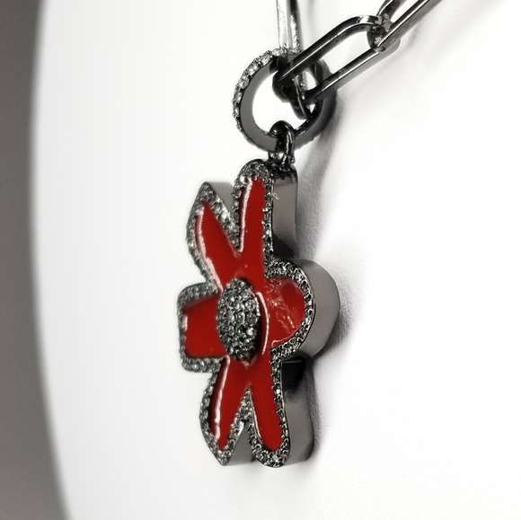 NWT Red Enamel Flower Pendant Charm Pave CZ - Picture 6 of 8